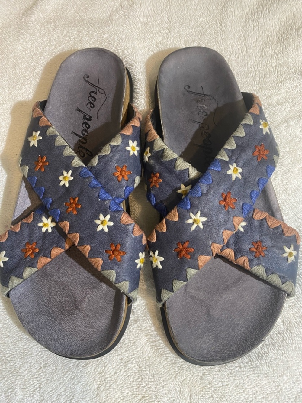 Free People Charcoal Embroidered Cross-Band Slide Sandals